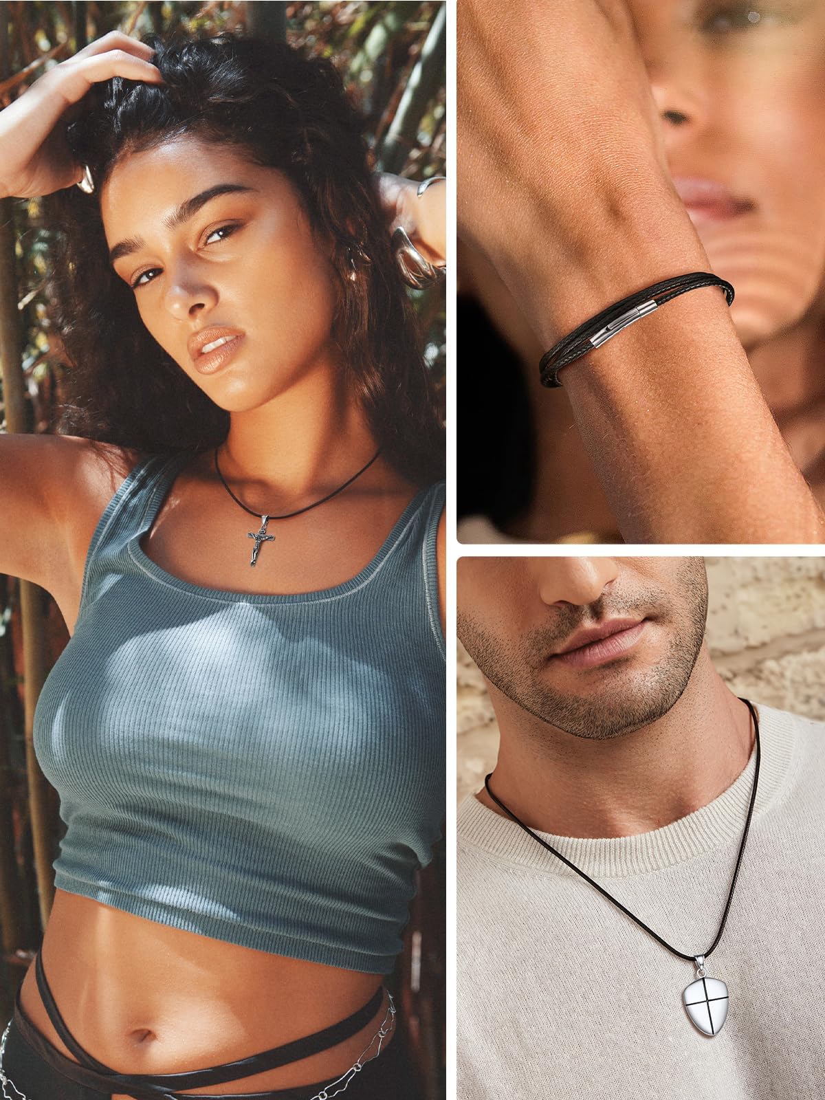 U7 Black Leather Cord Necklace with Stainless Steel Clasp, Men Women 2mm Wide Woven Wax Rope Chain for Pendant, Length 20 Inch