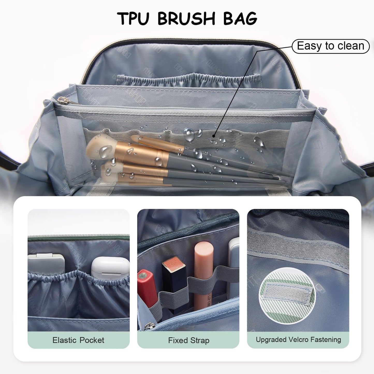 BOYATU Travel Makeup Bag Cosmetic Bag for Women: 3 Pcs Set Striped Make up Bag with Compartments - Waterproof Vegan Leather Toiletry Bag with Handle - Makeup Organizer for Travel Essentials(A-2-Green)