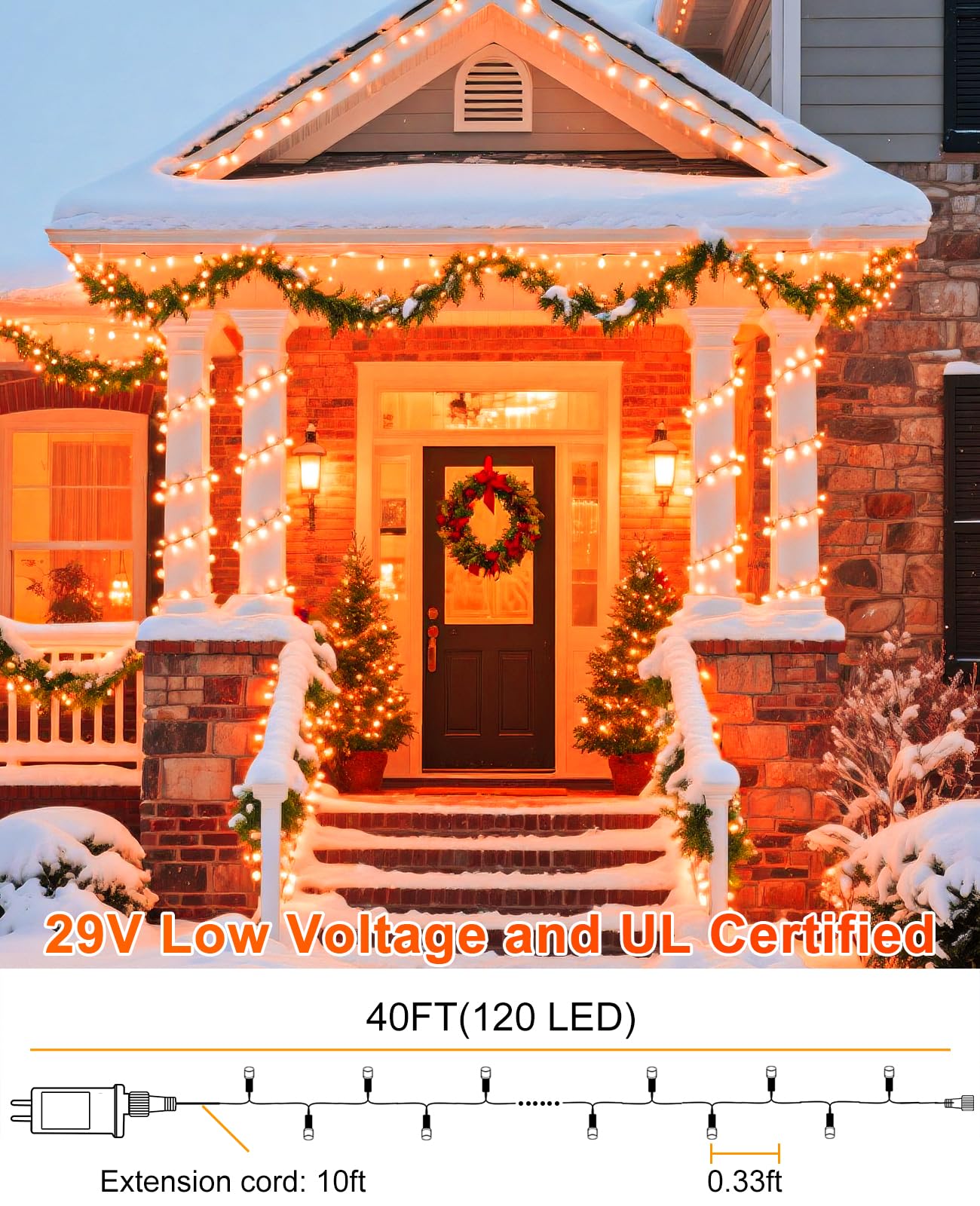 XmasBokeh 40FT 120 LED Christmas Lights Outdoor, Orange Christmas String Lights Waterproof, 8 Modes Connectable Christmas Tree Lights for Indoor Bedroom Xmas Tree Garden Holiday Decorations