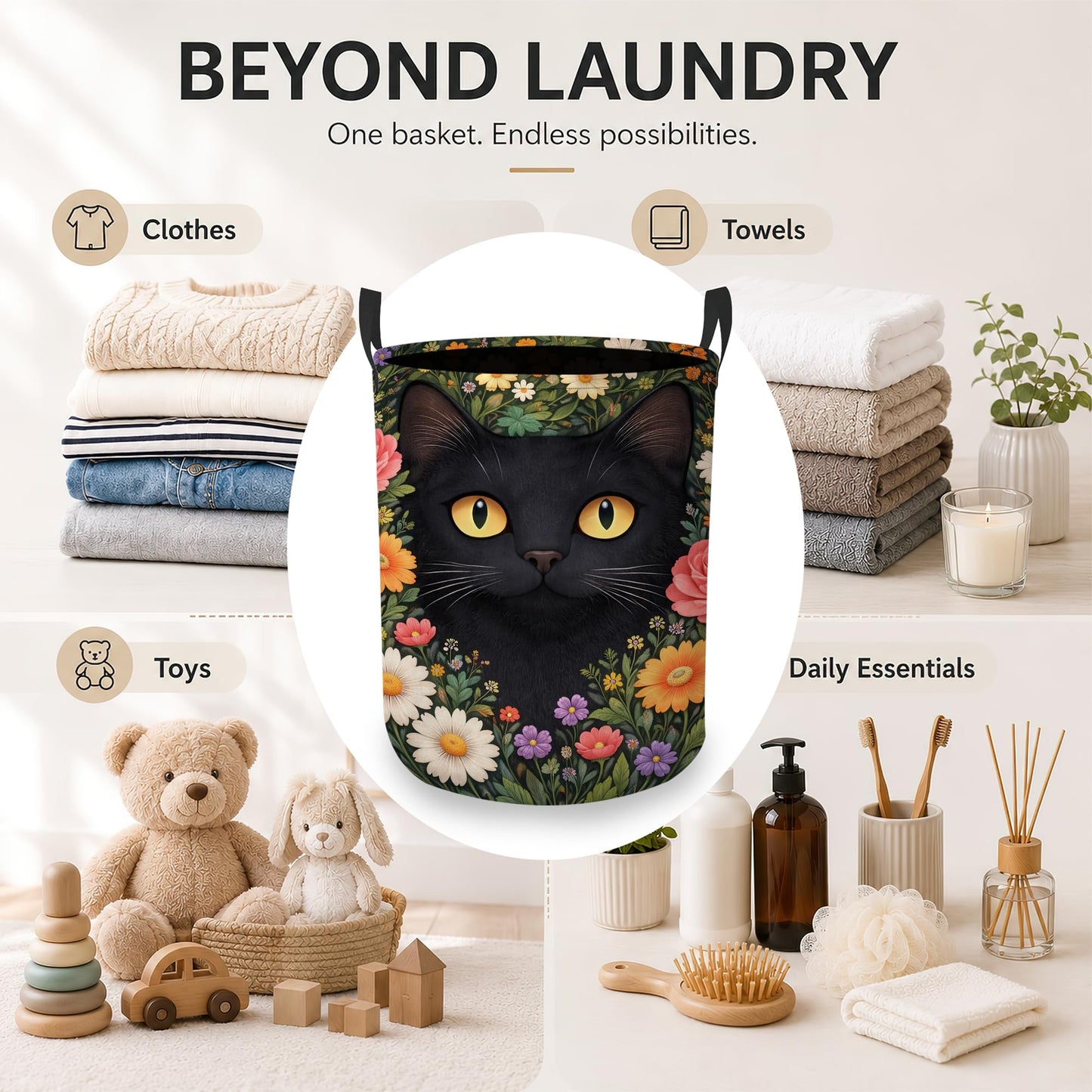 Black Cat Laundry Basket Oxford Cloth Flower Garden Laundry Hamper With Handle Foldable Portable Clothes Storage Basket Storage Bag For Laundry Room/Bathroom/Bedroom/Dormitory 20.8"x16"