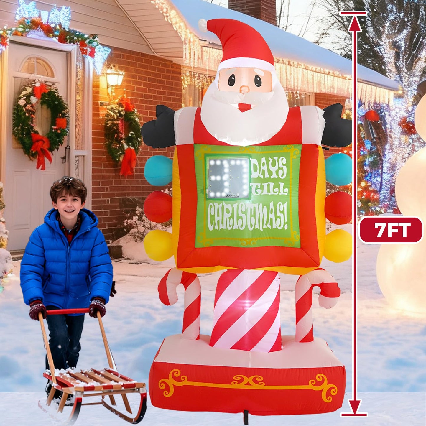 InfleasJoiy 7FT Santa Claus Countdown Street Sign Inflatable Decoration with Built-in LED Lights, Christmas Outdoor Inflatable Decoration for Lawns, Yards, Gardens, and Patios