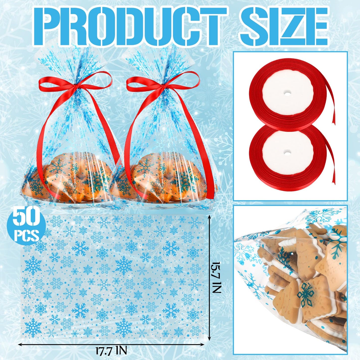 Meanplan 50 Pcs Winter Snowflakes Cellophane Cookie Tray Bags 15" x 17" Snowflake Cookie Tray Bags with Twist Ties and Red Ribbon Treats Gift Wrap for Winter Holiday Party Favors Supplies