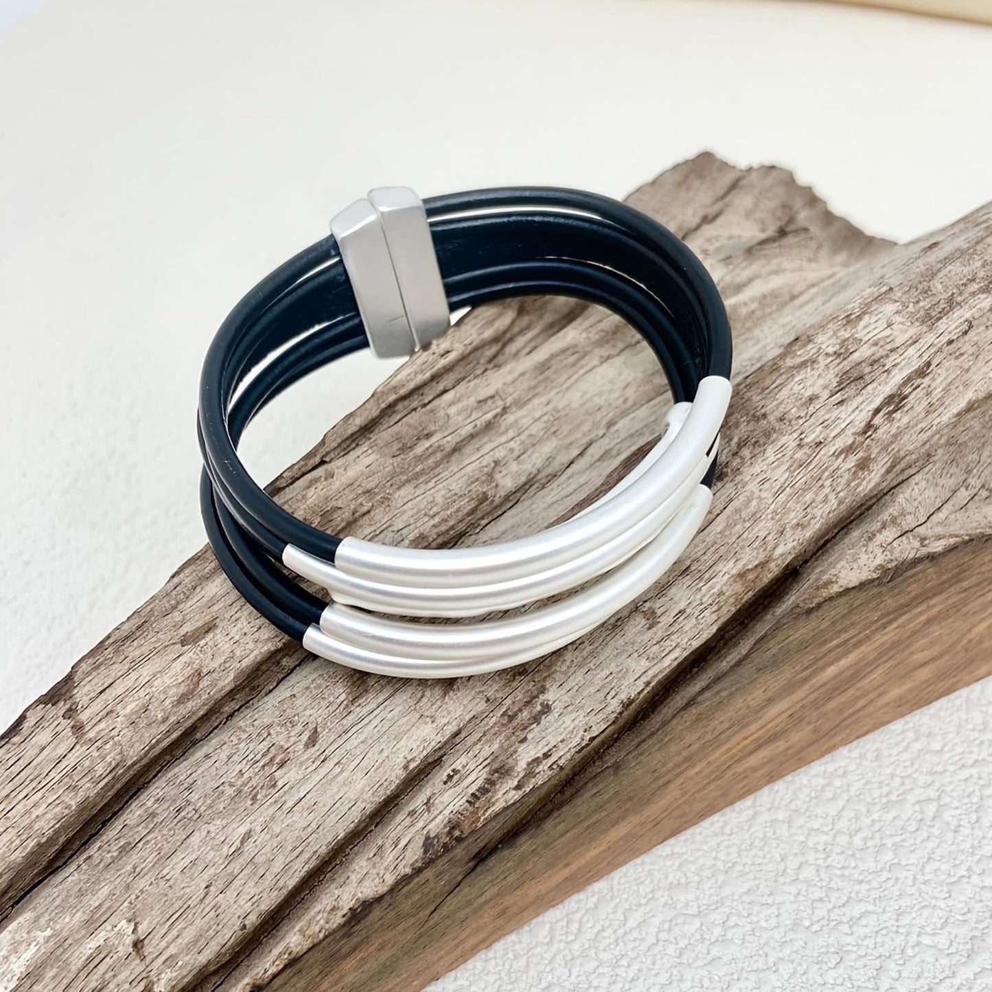 YKKZART Leather Bracelets Multilayer Black Leather wrap Bracelets Chunky Silver Tube Bangles Bracelets for Women