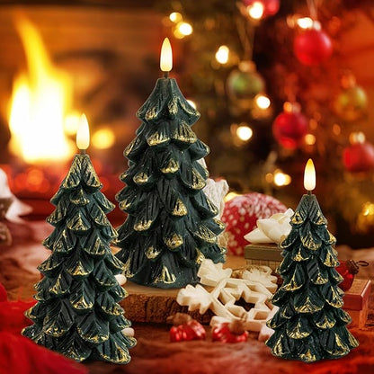 Green Christmas Tree Shaped Flickering Flameless LED Candles with Timer, Real Wax Battery Operated, Set of 3