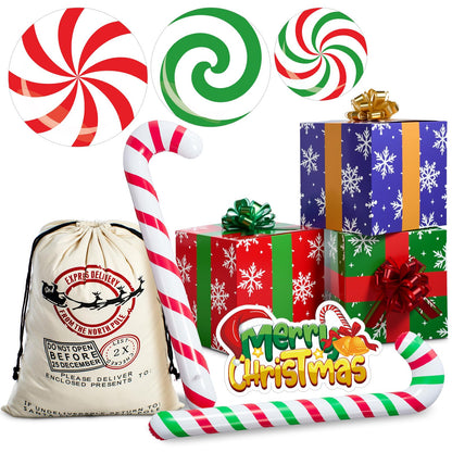 Humyoun 10 Pcs Christmas Gift Boxes Decoration, Christmas Photo Booth Props Gift Box with Ribbons Large Candy Cane Balloon for Xmas Party Decorations Home Xmas Box Decorations
