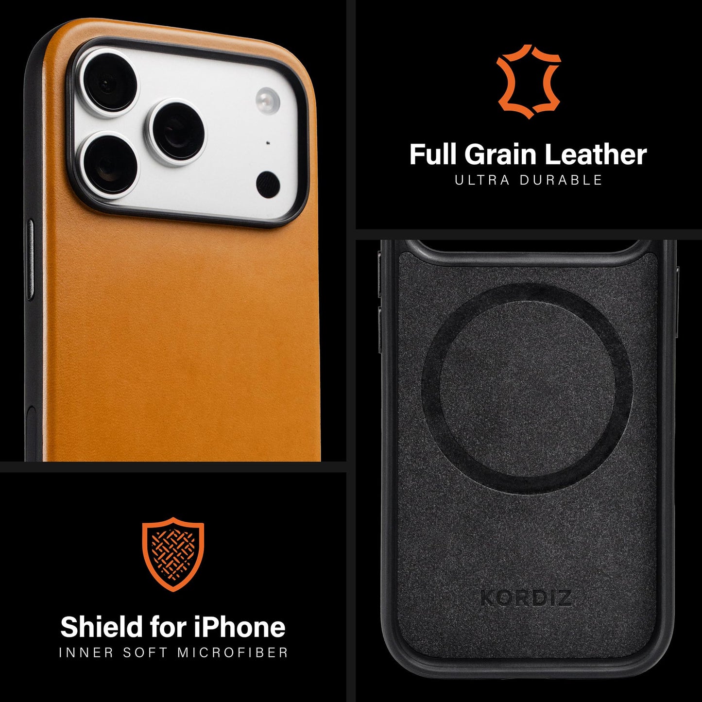 KORDIZ Impact Leather Case for iPhone 17 Pro – Full-Grain Leather MagSafe Case with Camera Control Button – 360° Shockproof Bumper – Rugged Patina-Ready Protection – Slim Grip Cover (English Tan)