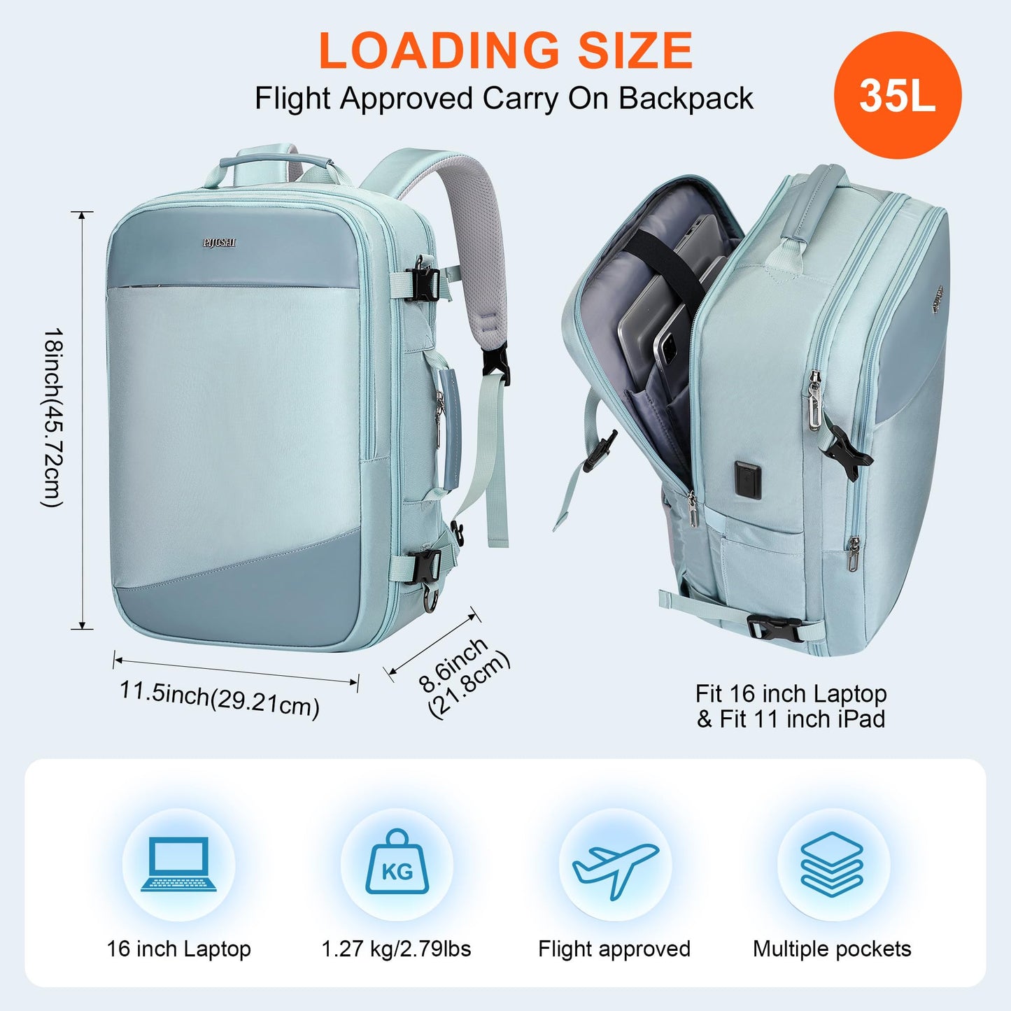 PIJUSHI Travel Backpack for Women Carry on Suitcase Backpack Flight Approved Personal Item Bag Fits 16 Inch Laptop(PE035 Blue)
