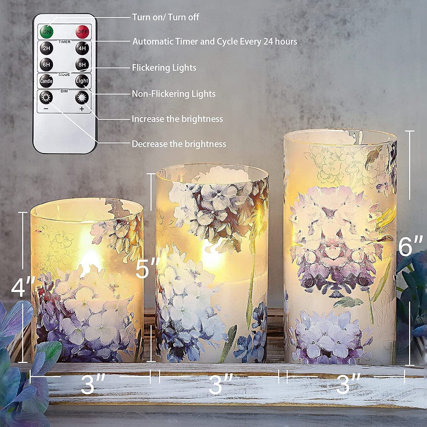 GORGE MOMENT Blue Violet Hydrangea Flameless Candles LED Flicker with Remote DIM Love Theme Summer Spring Decorative Glass Decor Wedding Date Proposal Dinner Table Home Gift for Lover