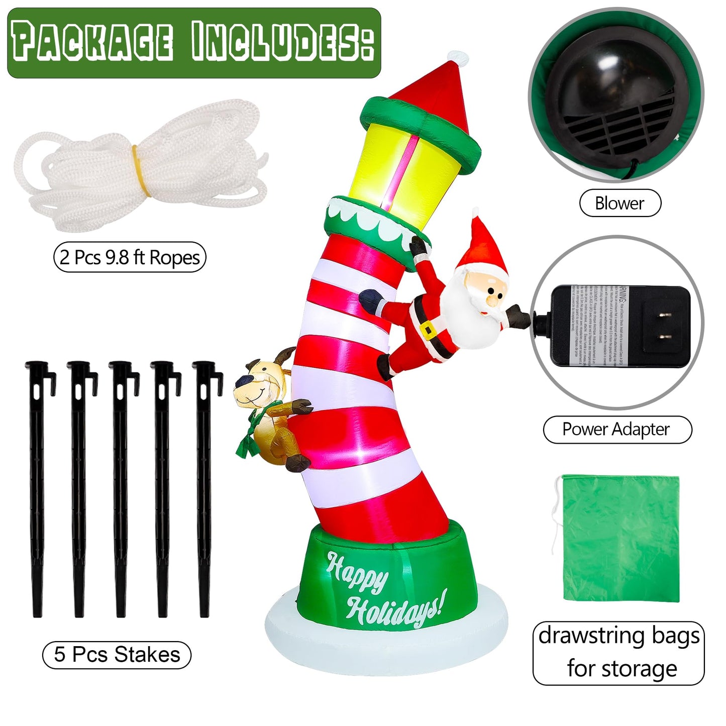 Lulu Home 9FT Christmas Inflatable Decorations, Giant Lighted Lighthouse with Santa and Reindeer, Xmas Blowups with Drawstring Bags for Winter Holiday Yard Lawn Garden Outdoor Decor