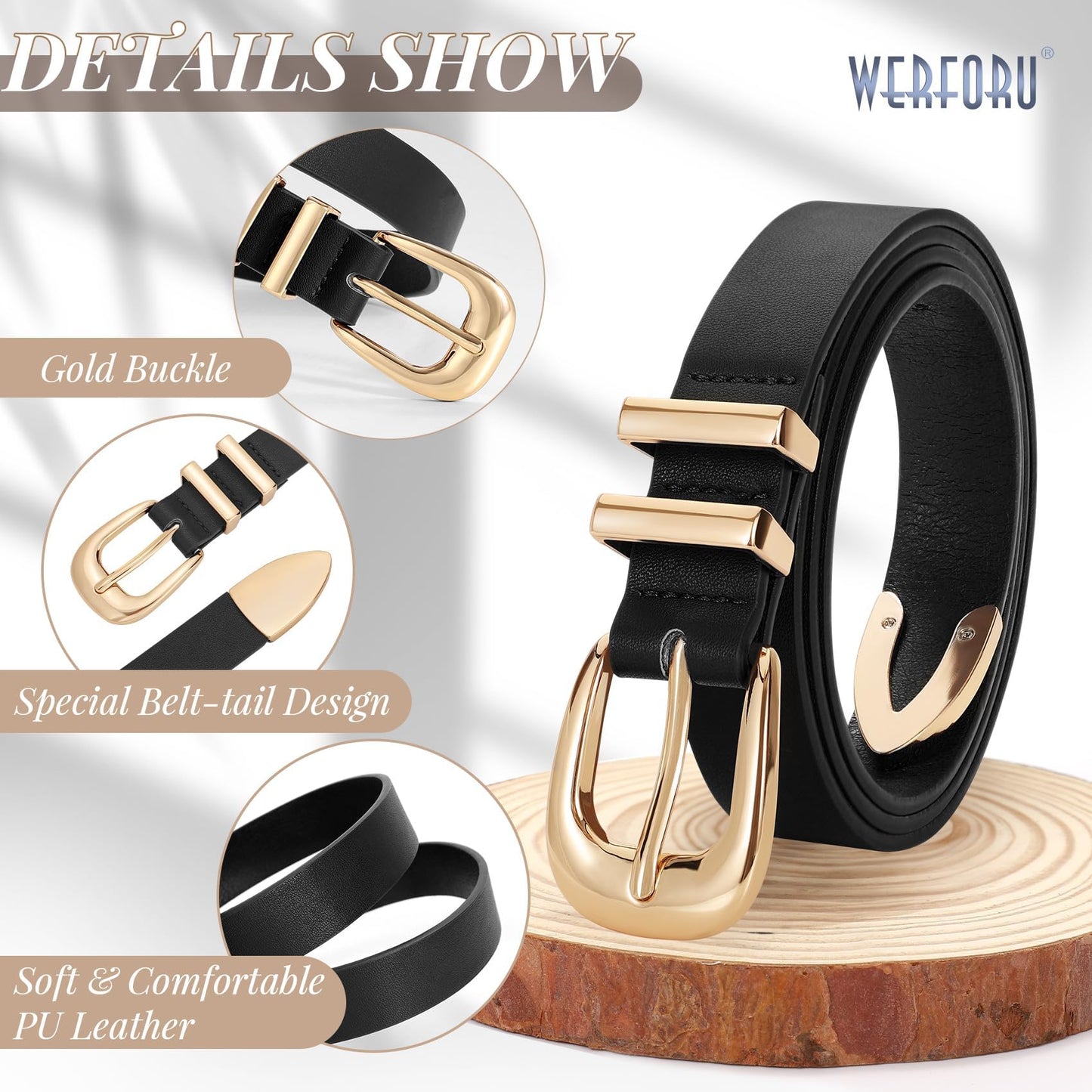 WERFORU Women Leather Belt Fashion Leather Waist Belt for Pants Jean Ladies Western Thin Belt with Gold/Silver Buckle （Fit Waist Size 31"-36",Black-Gold Buckle