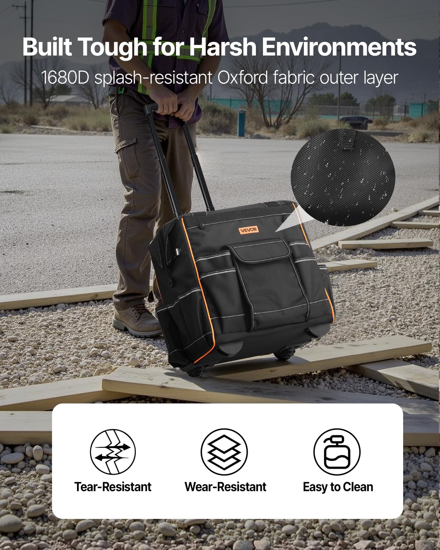 VEVOR 15" Rolling Tool Bag, 110 lbs Load Capacity, 25 Pockets Heavy Duty Roller Tool Bag on Wheels, Adjustable Telescoping Handle & Stable Base, Toolbag Organizers w/Wheels for Construction, Mechanic