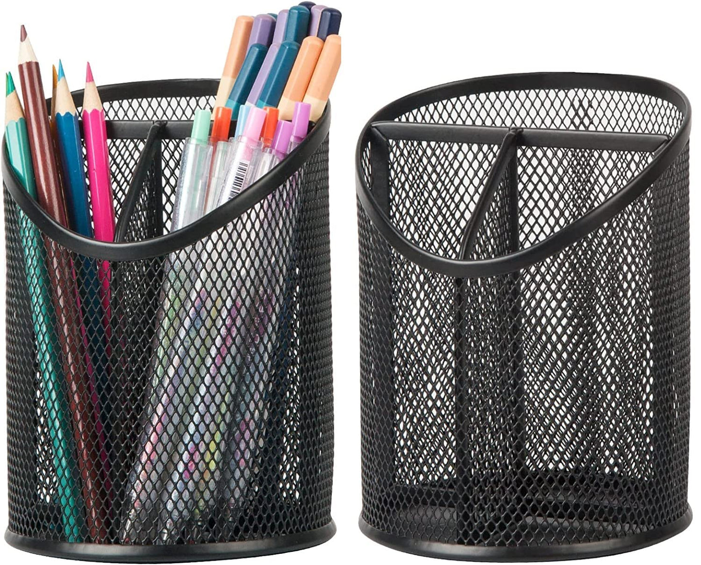 Delifox 2 Pack Pen Holder Mesh Round Pencil Holder Desktop Organizer 3 Compartments, Black