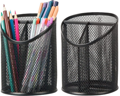 Delifox 2 Pack Pen Holder Mesh Round Pencil Holder Desktop Organizer 3 Compartments, Black
