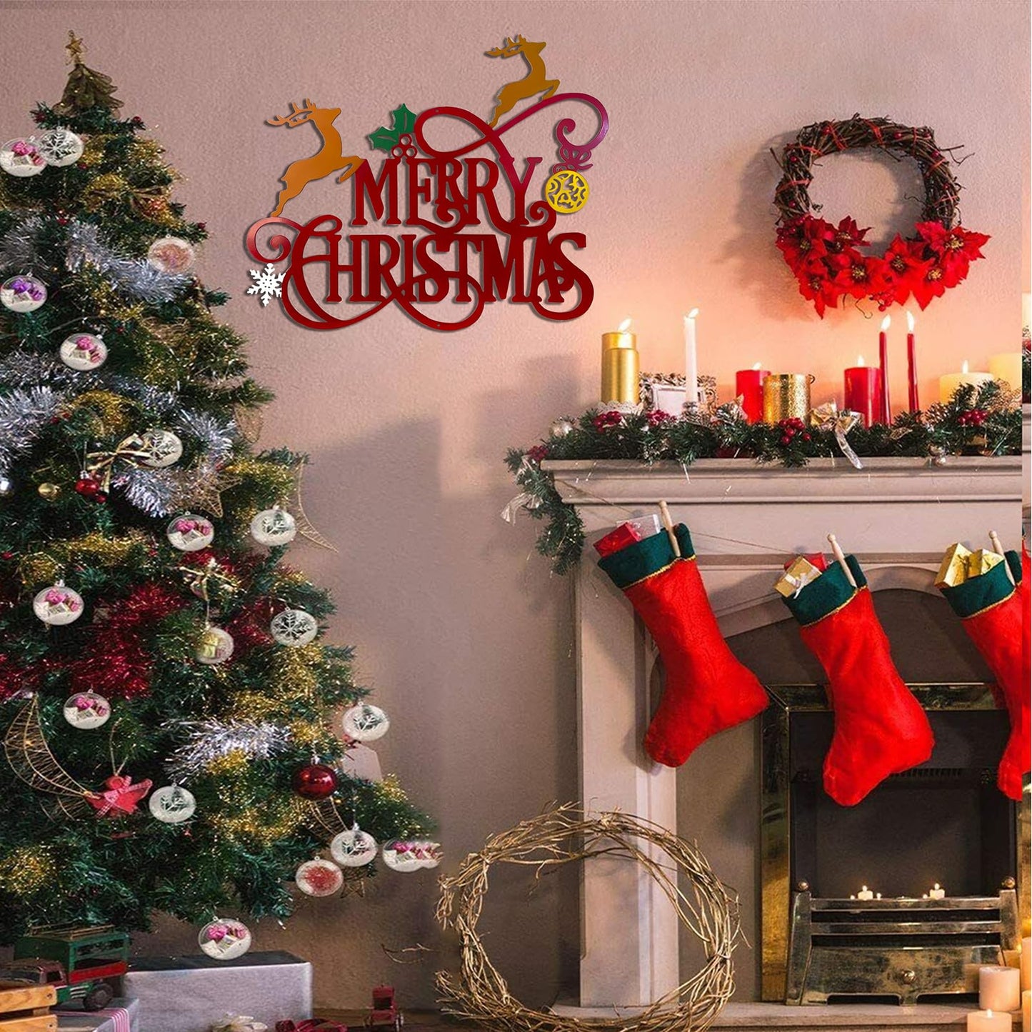 Metal Merry Christmas Wall Decor Christmas Sign Letter Decorative Hanging Plaque Suitable For Indoor Outdoor Room Yard Holiday Decoration