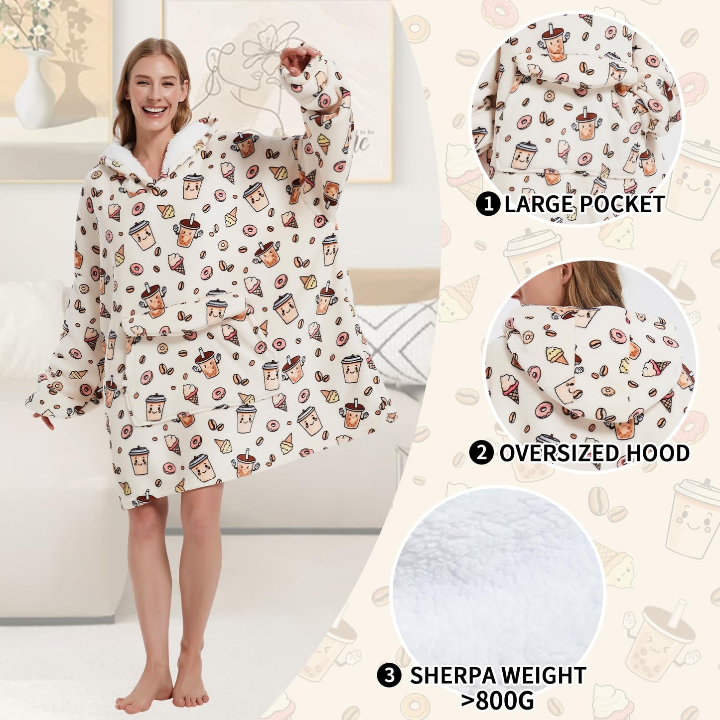 Mewkou Wearable Blanket Hoodie for Adult,Oversized Sherpa Fleece Blanket Hoodie for Women Men,Coffee