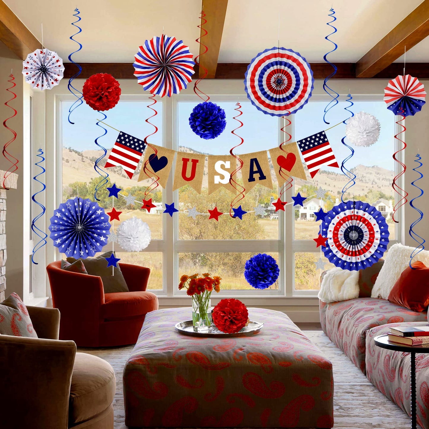 26Pcs Patriotic Decorations 4th of July Decorations LOVE USA Banner Red White Blue Paper Fans Star Streamer Pom Poms Hanging Swirls for Veterans Labor Presidents Flag Memorial Day