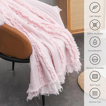 Ultra Soft Pre-Washed Quilted Boho Pink Twin Size Blankets for Bed, Ruffle Fringed Decorative Throw, Stone Washed Chic Rustic Blanket for Sofa Couch Bed, 60"*80"