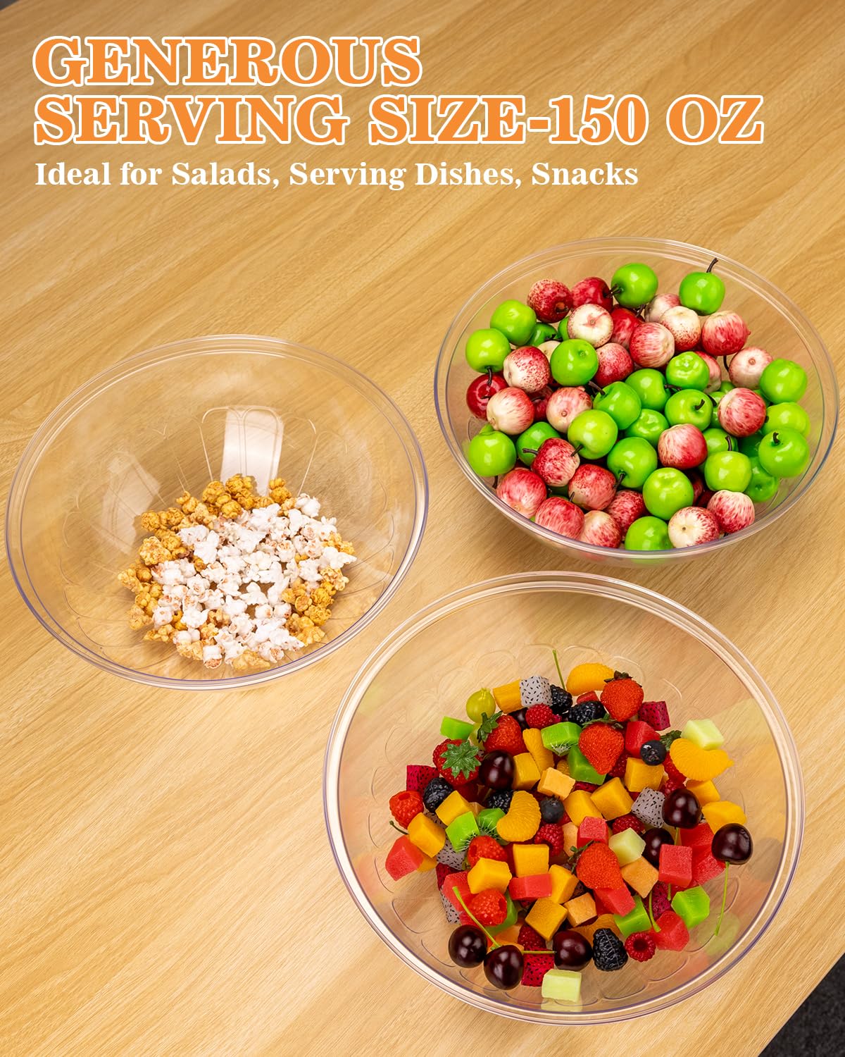 BESTVIP 4 Pack 150 Ounce Clear Plastic Serving Bowls, Disposable 11.6" Party Bowls for Chips/Salad/Candy/Snacks, Stackable Buffet Containers for Christmas, Holiday, Weddings, Showers/Events, Reusable