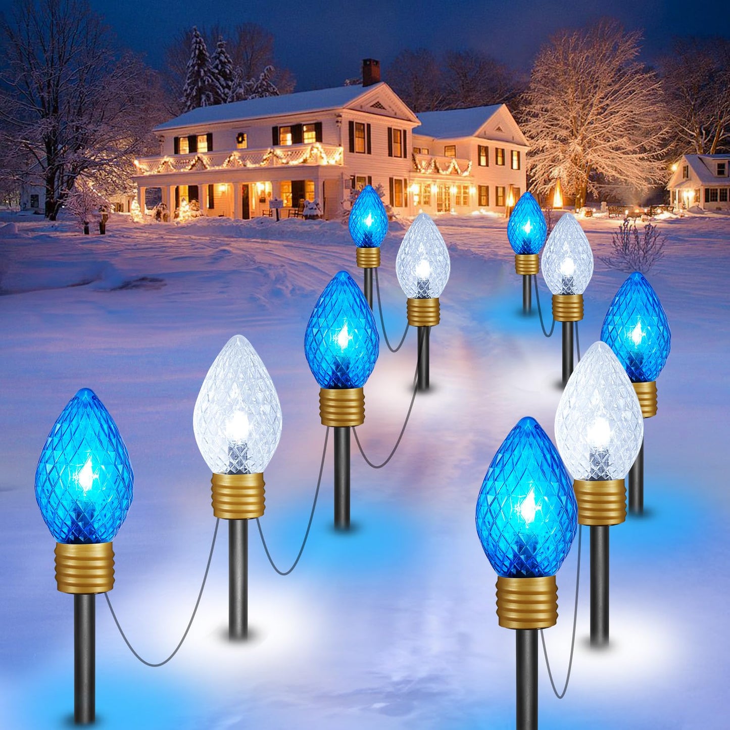 Brightown 2 Pack Jumbo Christmas Pathway Lights Outdoor - 10.5 Feet 5 LED C9 Walkway Light, Covered Jumbo Strawberry Bulb Decorations for Lawn Outside, Blue ＆ White