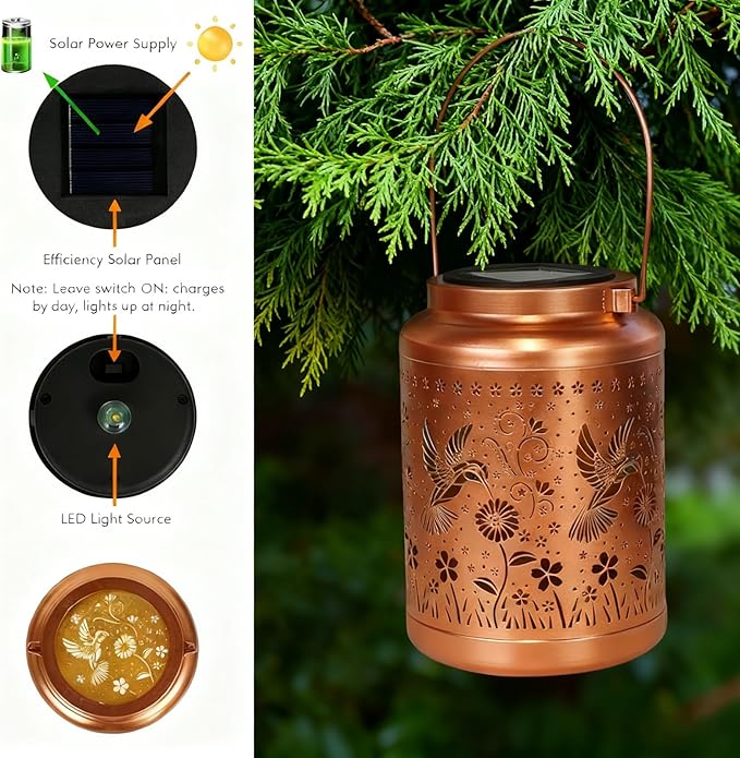 Solar Lanterns Outdoor Garden Decor- Solar Lights Waterproof Hummingbird Decorative Gifts for Women Mom Grandma Hanging Metal Lights Gardening Gift for Outside for Yard, Patio, Backyard, Farm