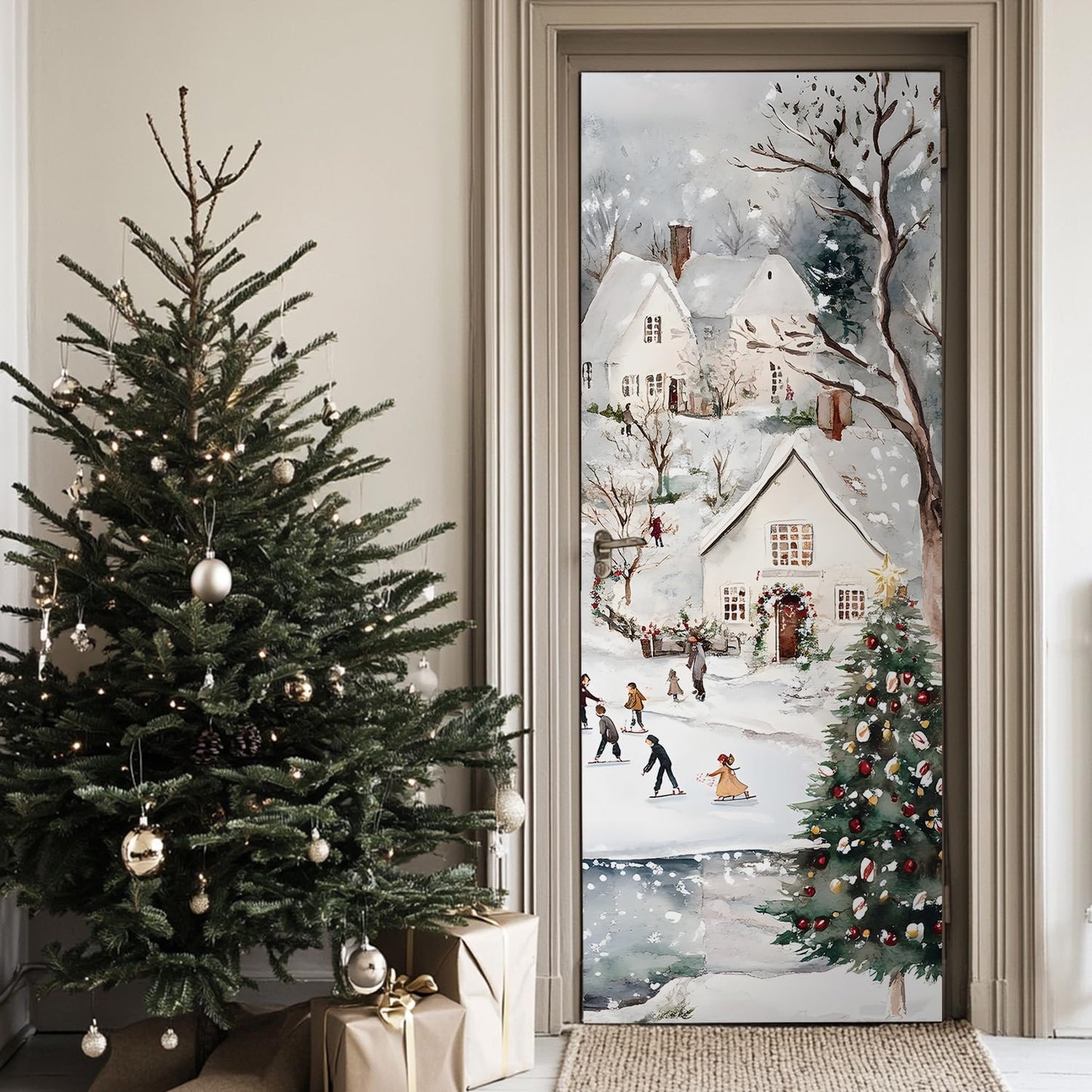 Alwayspon 30x78.7inch Self-Adhesive Christmas Door Stickers Covers Decorative Mural Decals, Vinyl Peel and Stick Removable Door Poster Wallpaper for Bathroom Home Decor, Celebrate Christmas
