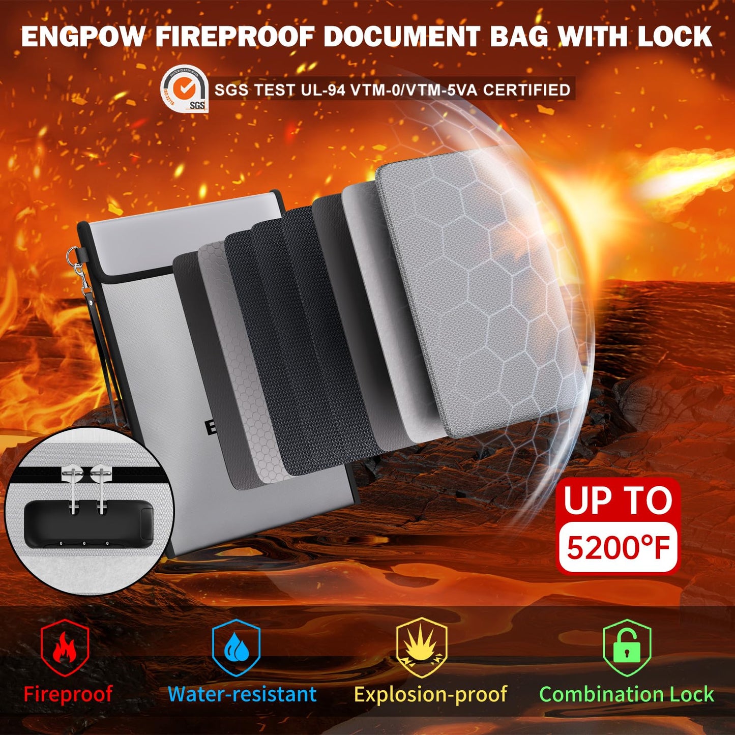 ENGPOW Fireproof Document Bag with Lock (5200℉),15”x 11” Fireproof Money Pouch with Zipper, Fireproof File Safe Storage Organizer Holder for Valuables,Cash,A4 Legal Important Documents and More