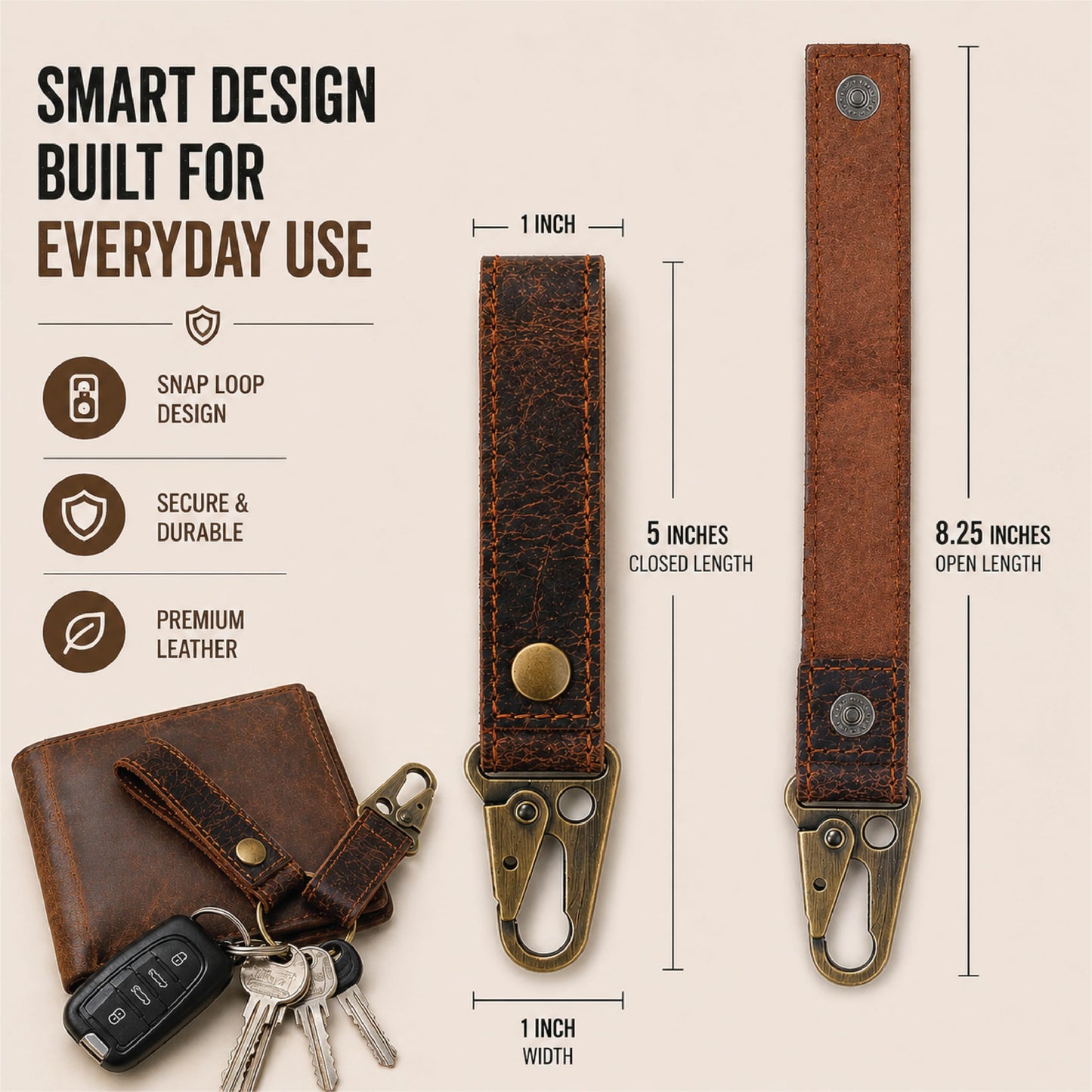 TheAntiq Genuine Leather Key Organizer with Dog Hook - Handmade Key Holder Clip with Snap Strap, Durable Leather Keychain for Belt, Bag & Everyday Carry (Brown)