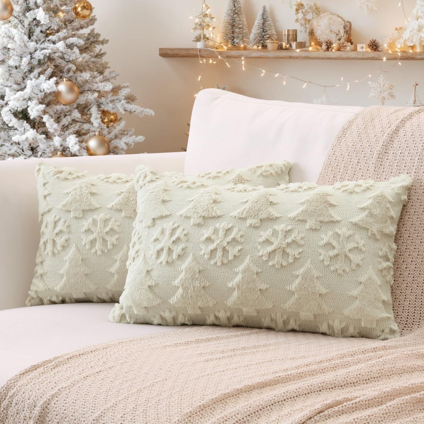 OTOSTAR Set of 2 Christmas Throw Pillow Covers 12x20 Inch, Soft Plush Faux Fur Christmas Tree Snowflake Winter Holiday Xmas Decorative Lumbar Cushion Cover Cases for Sofa Couch Bed Living Room, Beige