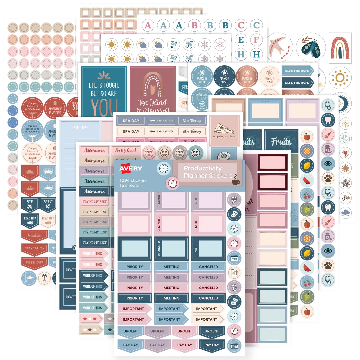 Avery Productivity Planner Sticker Pack, Calendar, Bullet Journaling, and Productivity, Great for to-Dos, Meetings, Budget, and More, 15 Sheets, 1,094 Planner Stickers (6777)