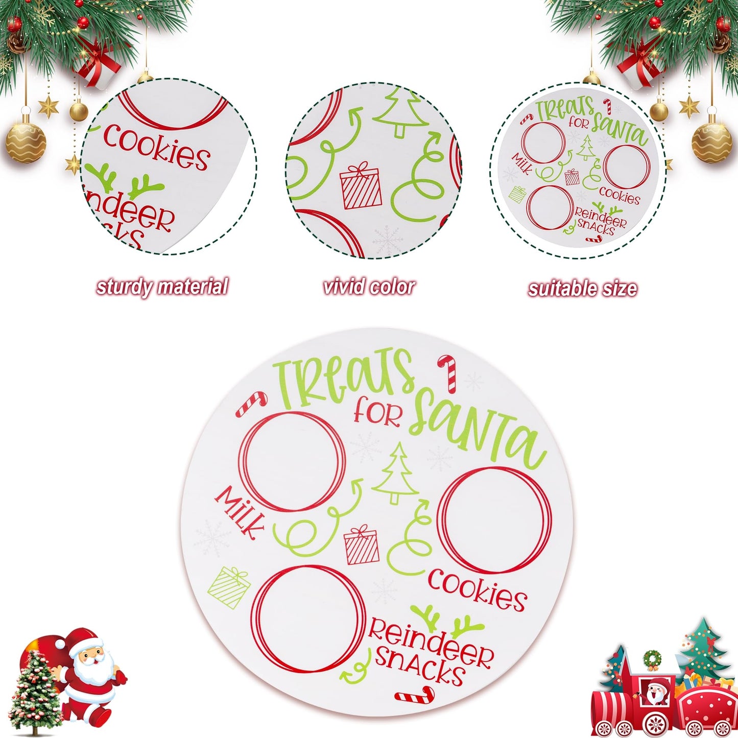 Rmeosye Santa Cookie Plate Treat Santa Christmas Wooden Round Tray Xmas Eve Cookies Milk Reindeer Snacks Cute Platter Mat Wood Plates Board for Christmas Decorations Supplies (White)