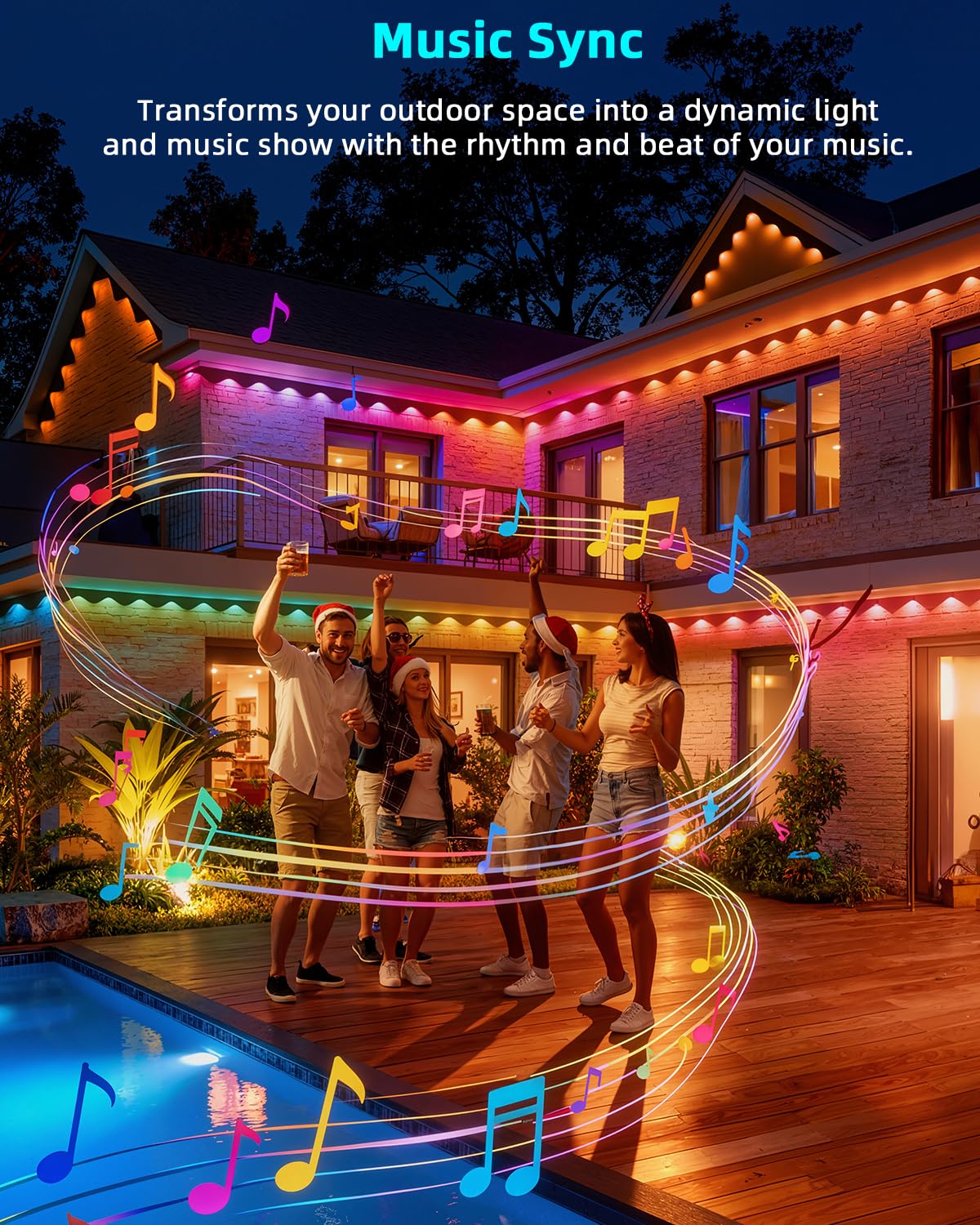 REYLAX Permanent Outdoor Lights Pro, 150ft with 108 Triple-LED 135lm, RGB+IC Smart Eaves Christmas Lights for House, IP67 Waterproof, Multi Scenes for Outdoor Decor, Works with Alexa, Google, Remote