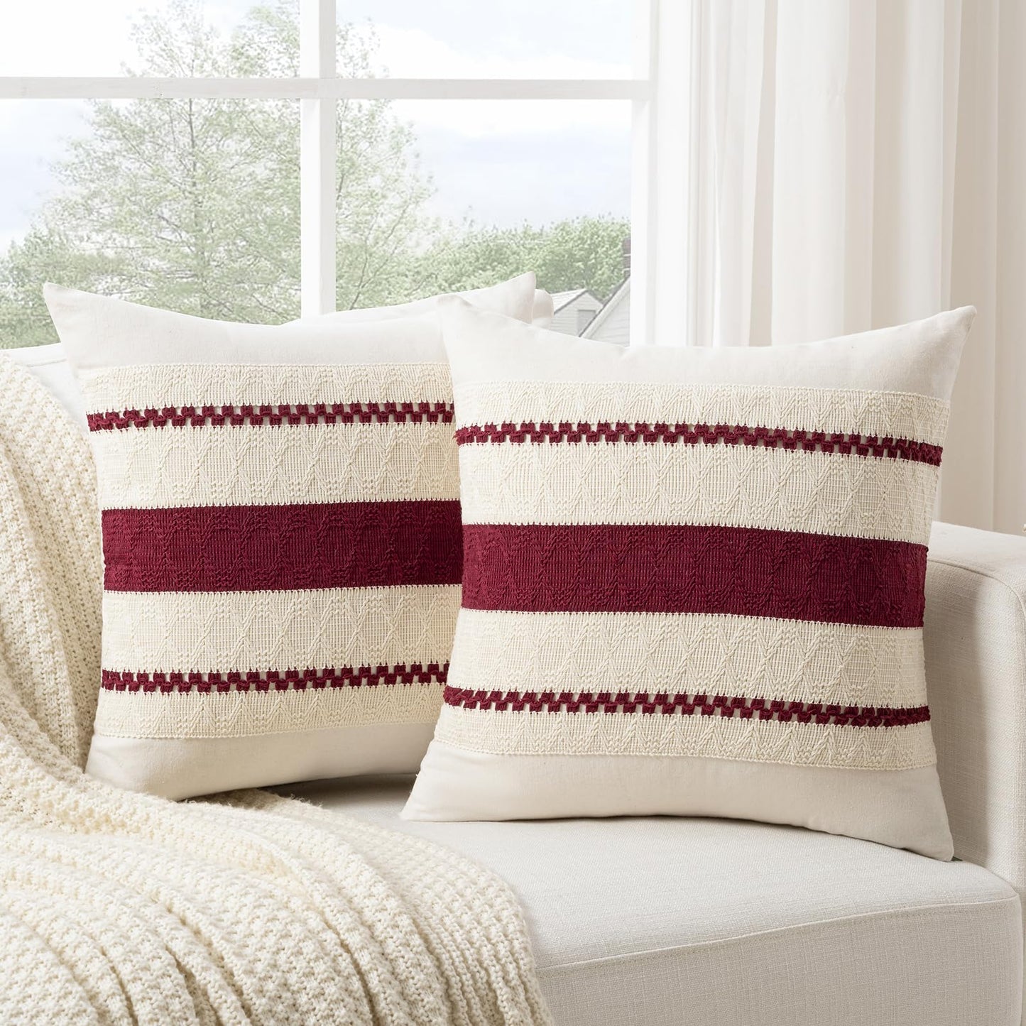 Fancy Homi Set of 2 Burgundy Boho Decorative Throw Pillow Covers 20x20 Inch for Couch Bed Sofa, Aesthetic Modern Farmhouse Christmas Room Decor, Soft Cotton Cute Textured Wind Red Cushion Case