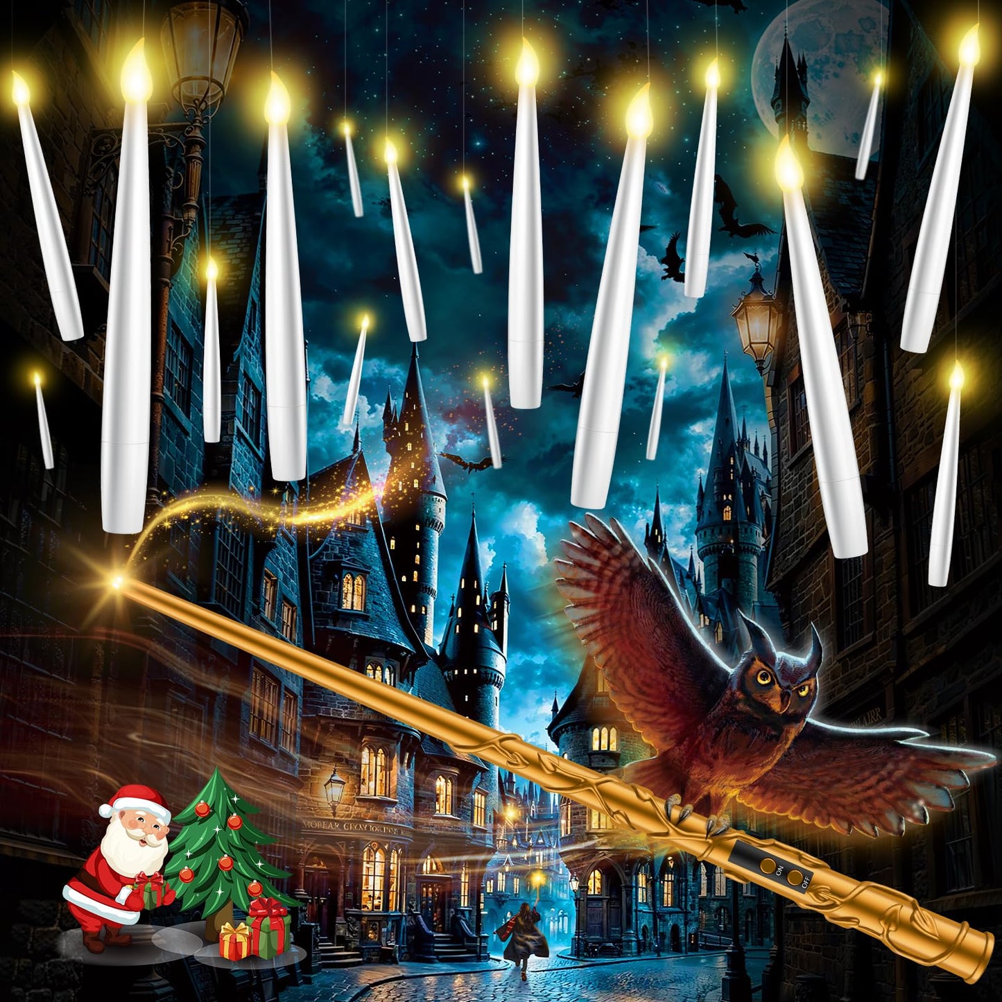 TLPUHU Floating Candles with Wand - 18 Pcs Christmas Decorations Magic Flameless Candles Flickering Warm Light Battery Operated LED Hanging Candles for Christmas Window Bedroom Birthday Party Decor