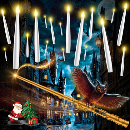 TLPUHU Floating Candles with Wand - 18 Pcs Christmas Decorations Magic Flameless Candles Flickering Warm Light Battery Operated LED Hanging Candles for Christmas Window Bedroom Birthday Party Decor