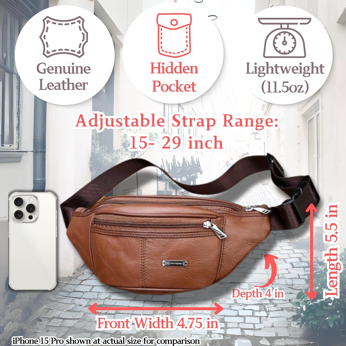 Genuine Leather Fanny Pack Bum Bag for Men – Crossbody Sling Waist Bag with 3 Pockets & Hidden Anti-Theft Pocket, Adjustable Strap, Lightweight Travel Hip Bag for Hiking, Outdoor & Daily Use (Tan)