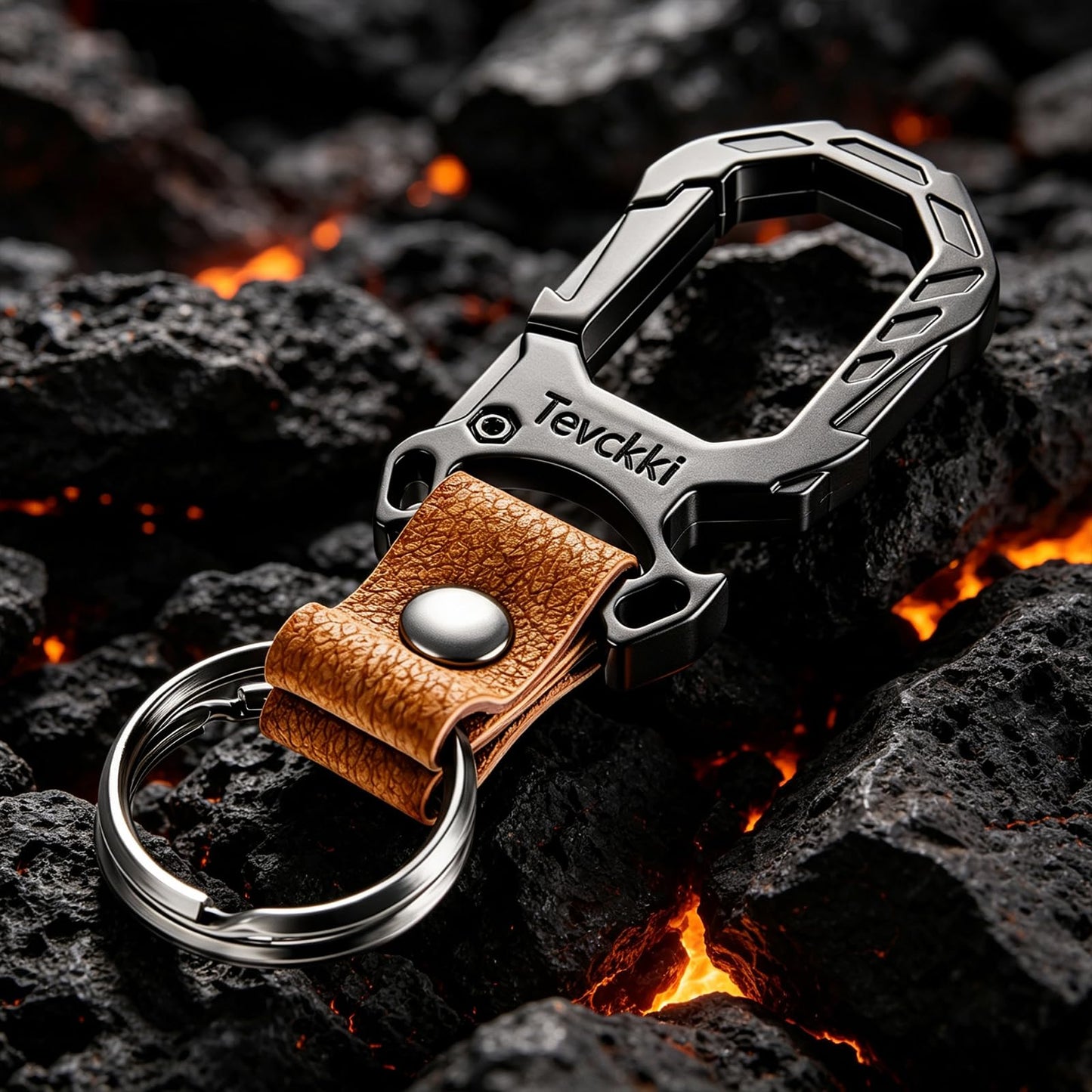 Tevckki Tactical leather keychains Carabiner Car Key Chains Bottle opener .Metal Clip Keychain with Anti-Lost 2 Key Rings Universal for men and women.(Brown)