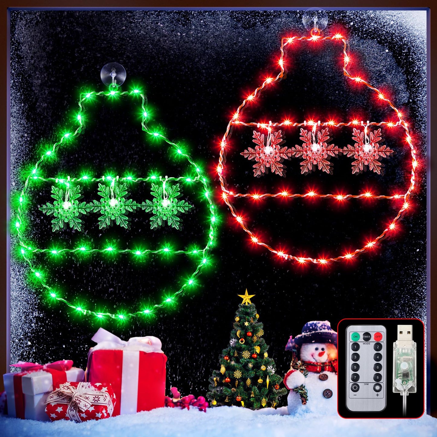 Hiboom 2 Pcs Christmas Window String Lights Decorations, 8 Modes Giant Green and Red LED Christmas Ball Window Lights with Snowflake, USB Powered and Remote Timer for Xmas Indoor Party Decor