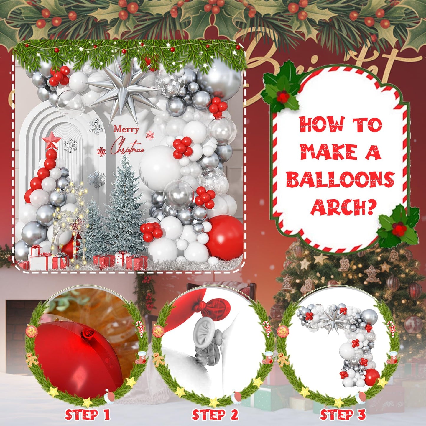White Silver Red Balloons Arch Christmas Balloons Garland Winter Wonderland Birthday Party Decorations Snowflake Explosion Star Balloon Metallic Latex Helium Christmas Xmas New Year Baby Shower