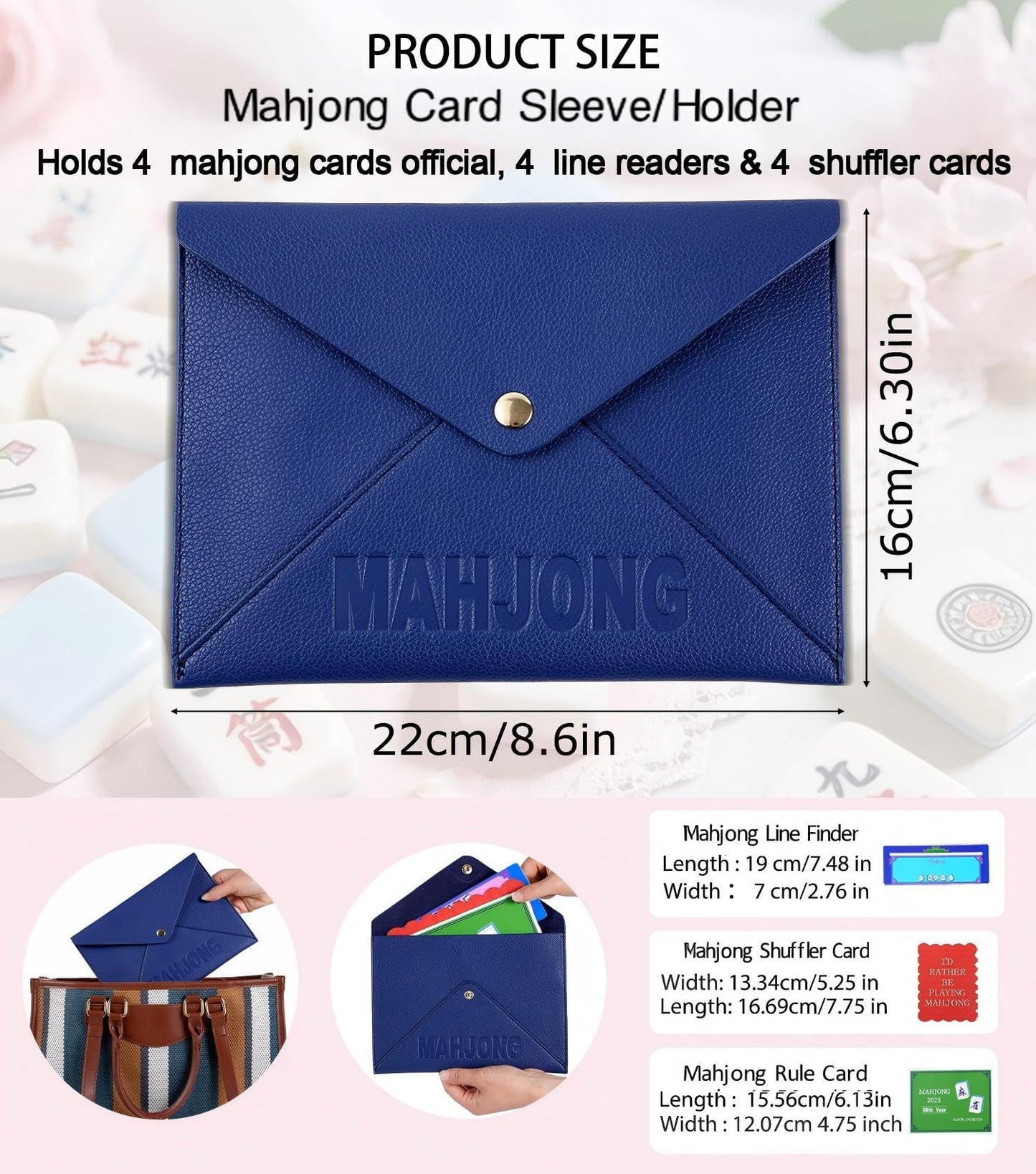 Vegan Leather Mahjong Card Sleeve Holder, Fits Most Mahjong Cards, Line Readers & Shuffler Cards, Gift Box Included, Perfect Mah jong Gift & Accessories for Men Women (Navy Blue, 8.6 * 6.3 in)