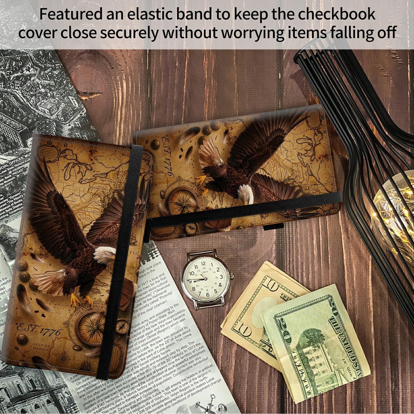 FUYOCWE Leather Checkbook Cover for Men & Women, Checkbook Holder Wallet RFID Blocking | 1776 USA Vintage Patriotic Eagle Map