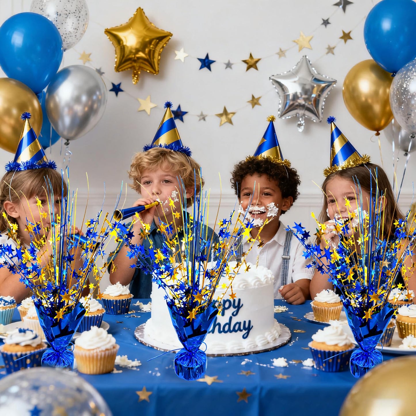 YinNorth 6 Pack Metallic Foil Spray Table Centerpiece Decoration Star Brust Glitter Table Topper Decor for Birthday Graduation Holiday Christmas New Year's Eve Celebration Party Supplies Gold and Blue