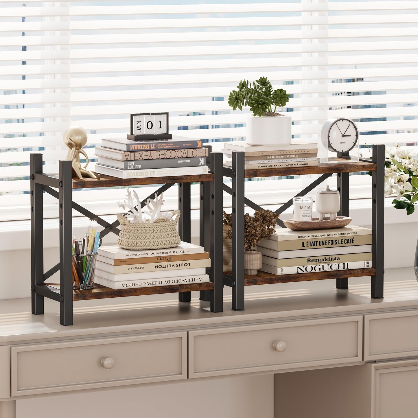 Desktop Bookshelf, 4-Tier Stackable Narrow Bookcase, Adjustable Industrial Desk Organizer & Hutch - Rustic Brown Wood Desktop Book Organizer for Living Room, Bedroom & Home Office