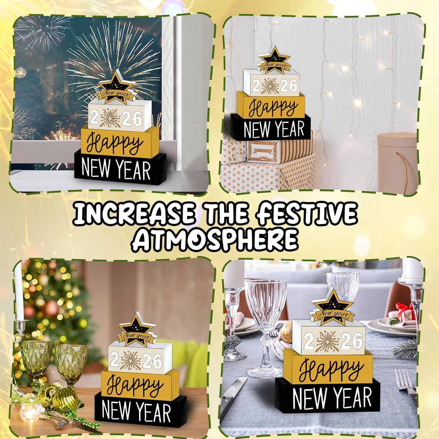 4 Pcs Wooden Happy New Year Tabletop Decor 2026 Wooden Block Signs Star Tabletop Decor Tiered Tray Rustic Table Centerpieces