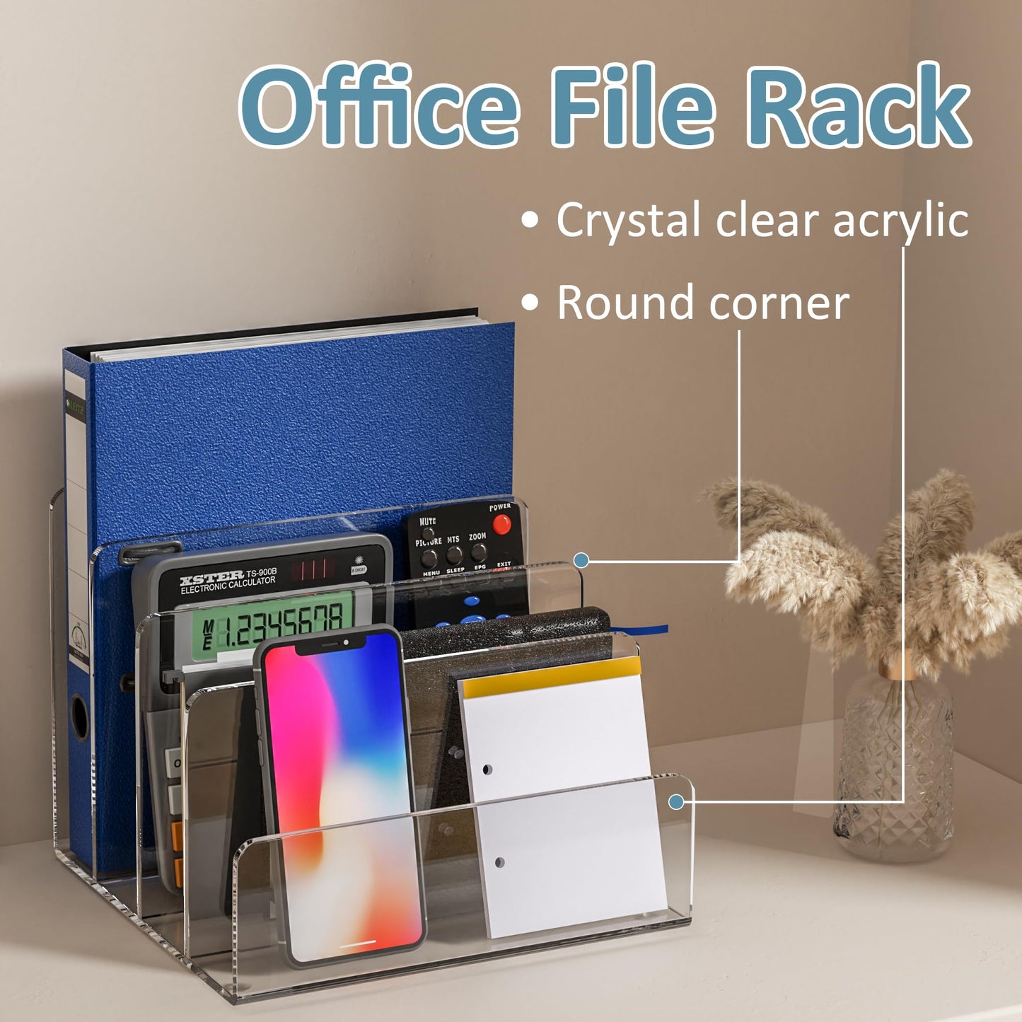 Sezanrpt Acrylic File Holder 4 Compartment, Clear Desk File Organizer, Acrylic Organizer for Books, Phone, Ipad, Envelope, Notebook, Calculator