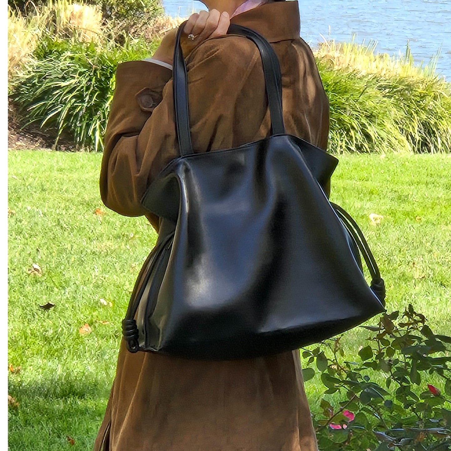CLARANY Leather Drawstring Tote Bag, Black Genuine Leather Shoulder Bag with Magnetic Snap Closure, Elegant Travel Work Handbag