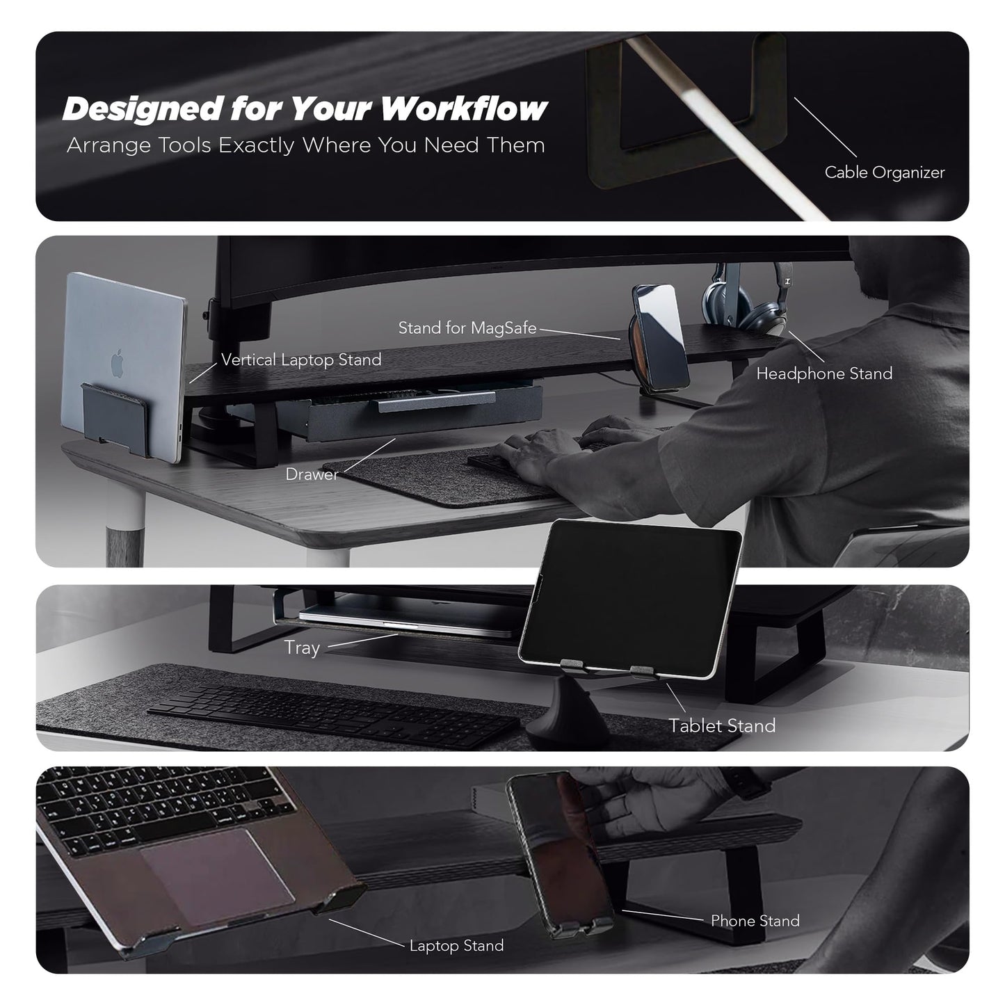ULTRARM Moodular Wooden Monitor Stand 45.6” (116cm) Large Desk Organizer with Metal Slide Rails for Drawer, Tray, Laptop, Tablet, Phone & Headphones Customizable Riser for Organized Workspace Oak