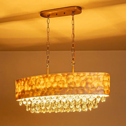 6-Lights Oval Capiz Shell Crystal Linear Chandeliers, Coastal Design Light Fixture for Dining Room, Kitchen Island, L32xW12xH19~65 Inch(Adjustable), Shell Lampshade & Brass Finish