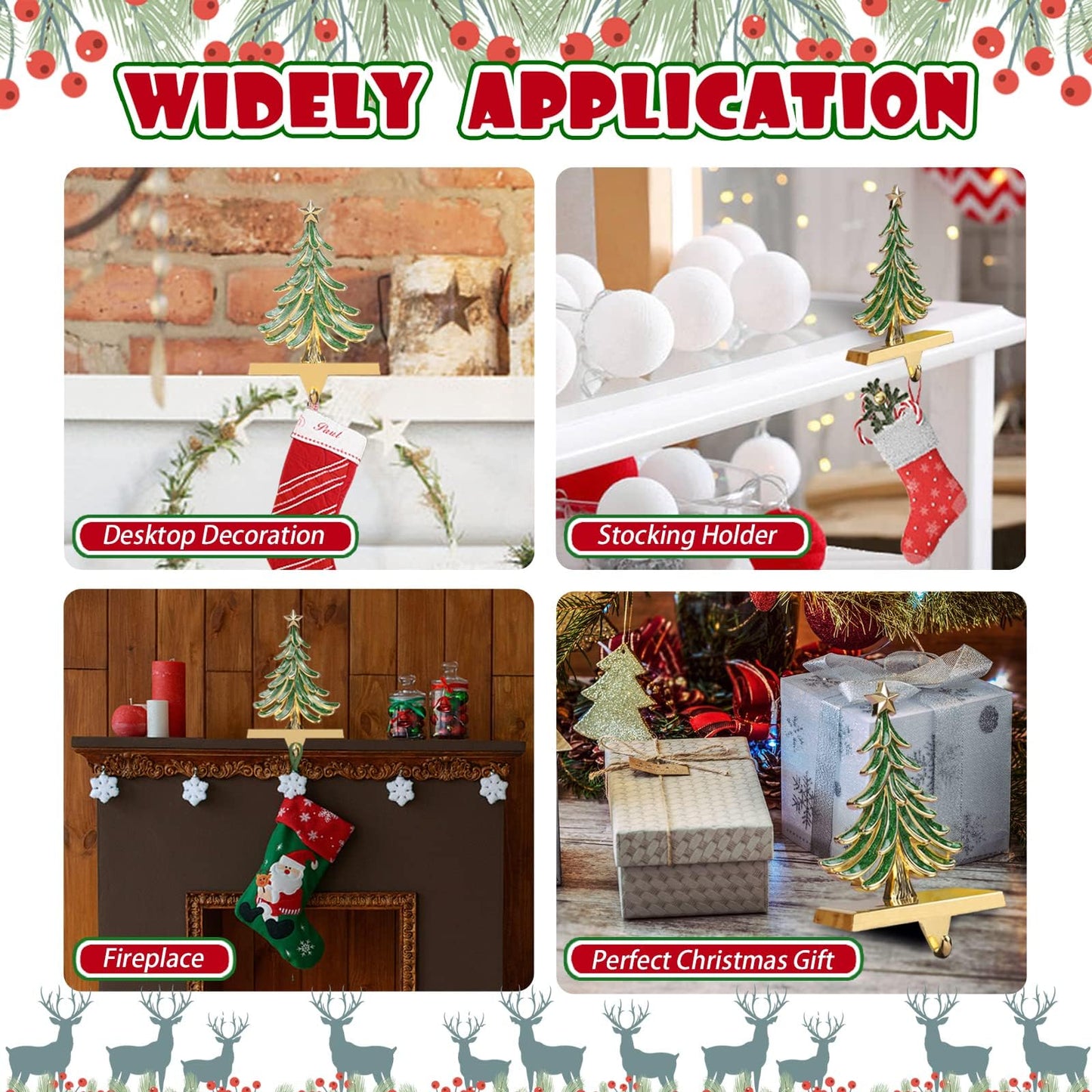 JUSTOTRY 2PC Christmas Stocking Holders for Mantle Glitter Green Xmas Tree Gold Stocking Holder for Fireplace Home Decor Holiday Gifts Christmas Decorations Supplies Non-Skid Durable and Sturdy