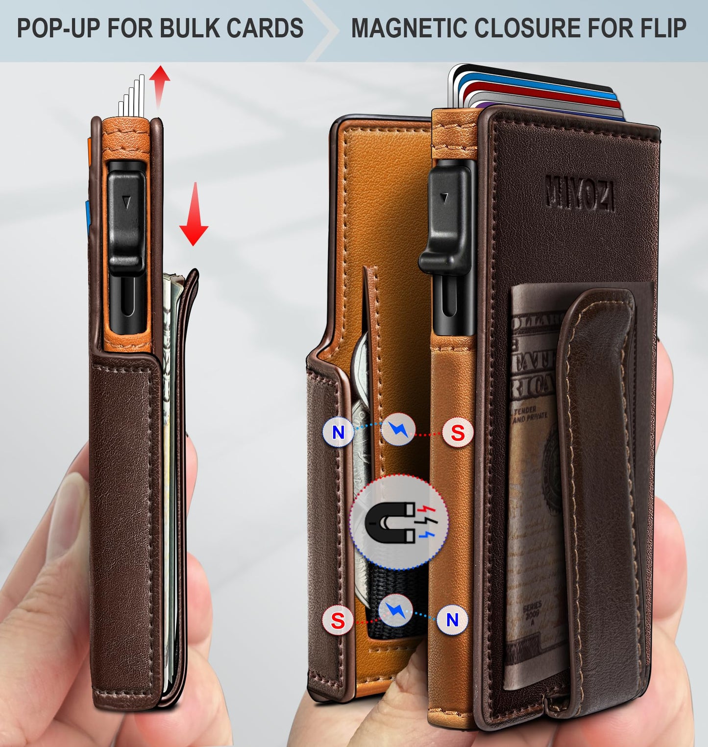 miyozi Wallet for Men, Magnetic Minimalist Slim Wallet with Pop Up Card Holder, 9 Cards RFID Blocking Metal Credit Card Case, Leather Wrapped Money Clip, ID Window & Small Item Slot, Gift Boxed