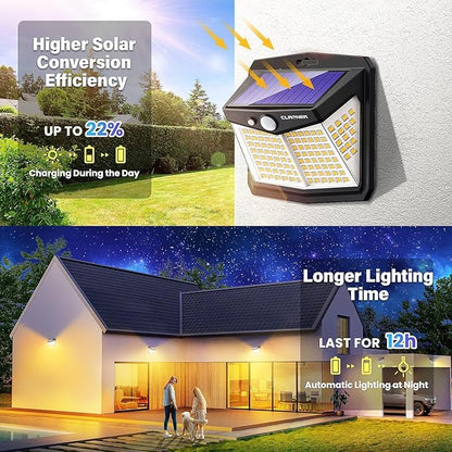 CLAONER Solar Lights Outdoor, [128 LED/8 Packs] Solar Motion Lights 3 Working Modes Solar Wall Lights with 270°Wide Angle Wireless IP65 Waterproof Motion Sensor Outdoor Deck Lights, Warm White
